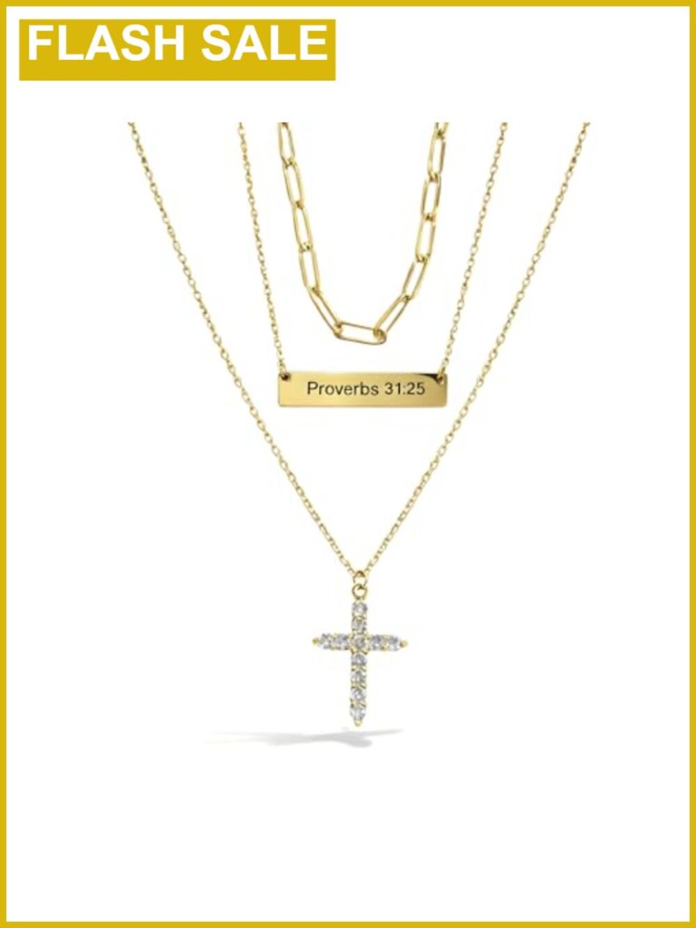 3 Pc Gold Plated Layered Necklace Set CZ Cross Bible Verse Choker